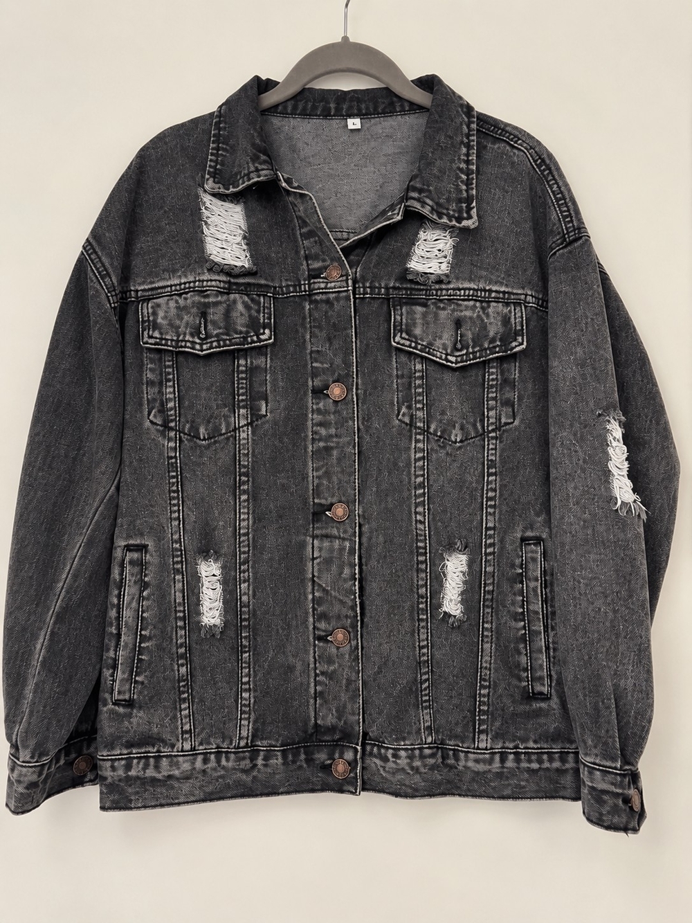 Distressed Black/Gray Denim Jacket – Size Small